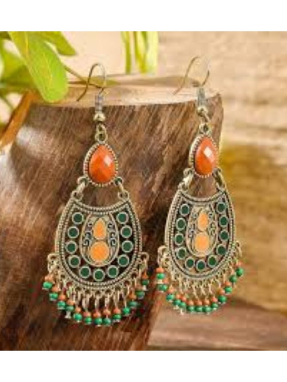 Vintage Inspired Bohemian Beaded Earrings Antiqued Golden Tone Tassel Beads